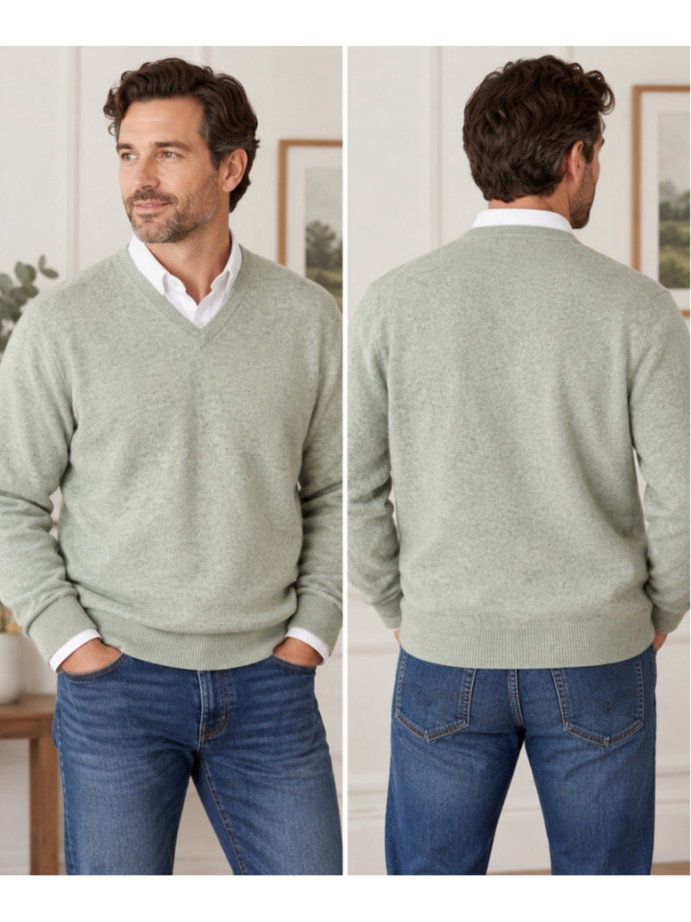 Jos A Bank Mens 100% Cashmere Sweater XL Light Green V Neck Luxury Classic